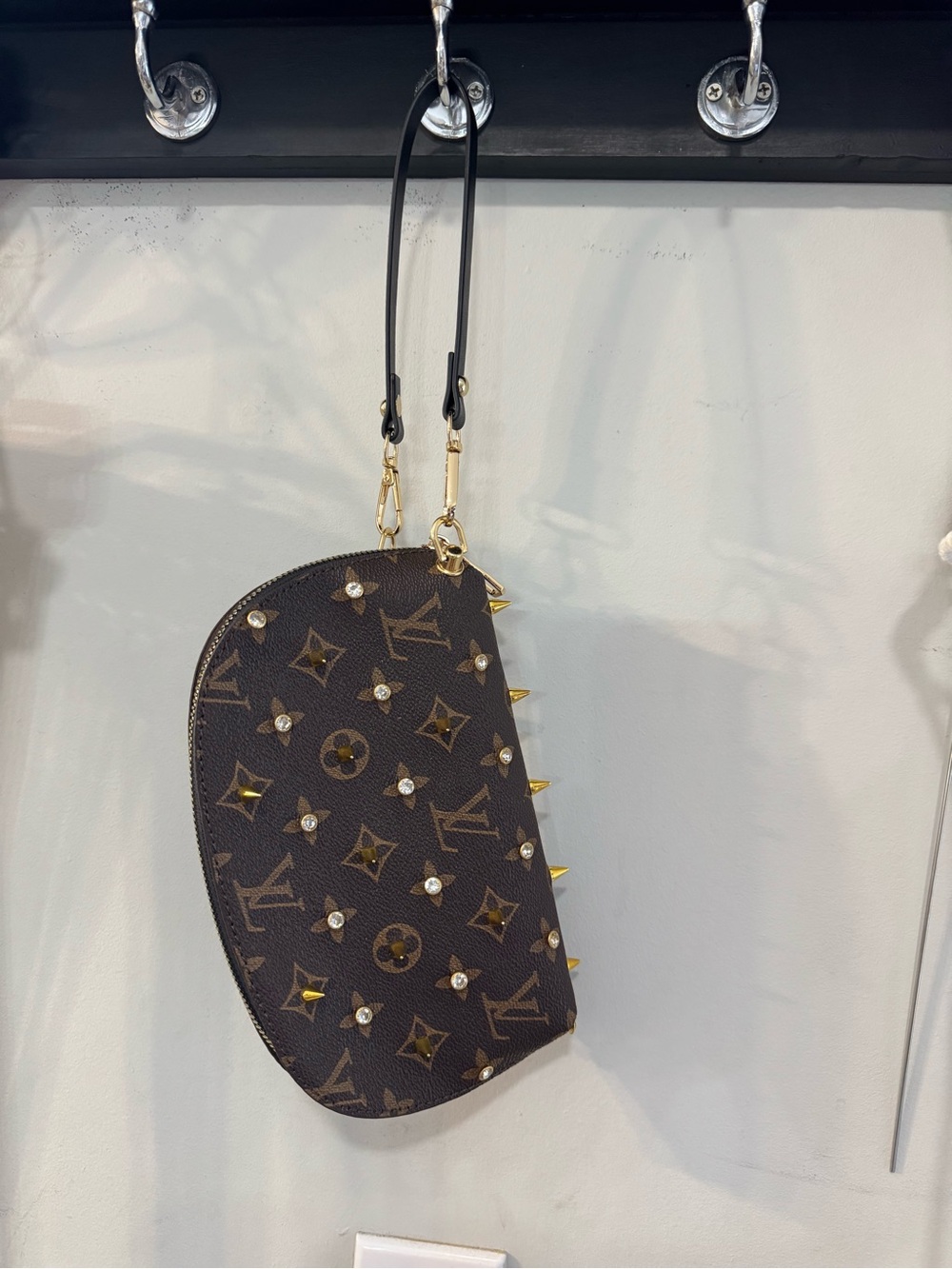 Designer-Inspired Brown Monogram Wristlet/Clutch with Gold Stud Accents